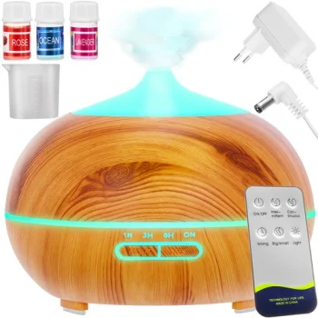 Ultrasonic Air Humidifier and Aroma Diffuser 400ml with Ionizer, LED and Remote, Light Brown