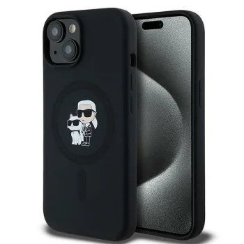 Karl Lagerfeld dėklas iPhone 15 / 14 Plus su MagSafe, Silicone Karl & Choupette, juodas