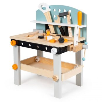 ECOTOYS medinis žaislinis darbastalis su įrankiais, 38 dalių rinkinys
