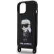 Karl Lagerfeld dėklas iPhone 15 telefonui su virvele Crossbody Silicone Ikonik, juodas