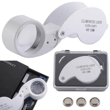 Folding Pocket Jeweler Loupe Magnifier 40x with 2 LED, 25 mm, Silver