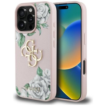 Guess Grained Roses Big 4G Logo dėklas, skirtas iPhone 16 Pro, rožinis