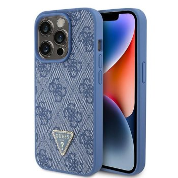 Guess Leather 4G Triangle Strass dėklas iPhone 15 Pro, mėlynas