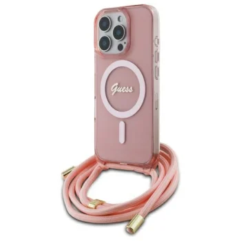 Guess dėklas iPhone 16 Pro Crossbody Cord Script MagSafe, rožinis