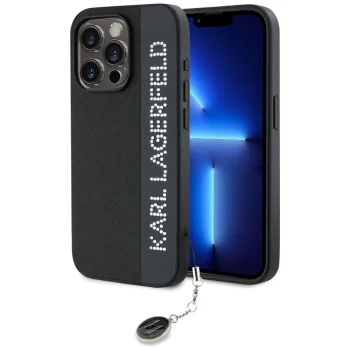 Karl Lagerfeld dėklas iPhone 15 Pro telefonui Saffiano Rhinestones & Charm, juodas