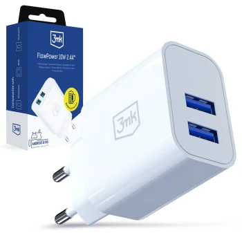 Tinklo įkroviklis 3Mk Protection FlowPower, 10W, 2x USB-A, baltas