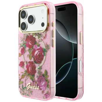 Guess IML Glitter Blossom Roses dėklas iPhone 17 Pro / 18 Pro, rausvas