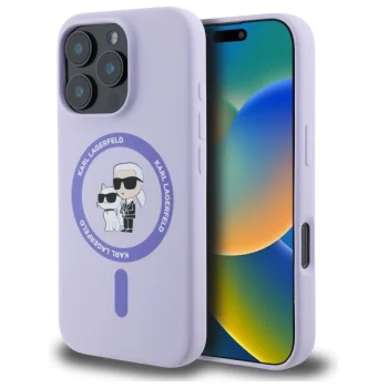 Karl Lagerfeld Silicone Karl&Choupette Heads Ring MagSafe dėklas iPhone 16 Pro, violetinis