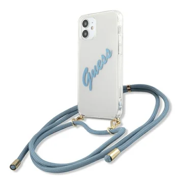 Guess iPhone 12 Mini dėklas Script Vintage, Skaidrus/Mėlynas