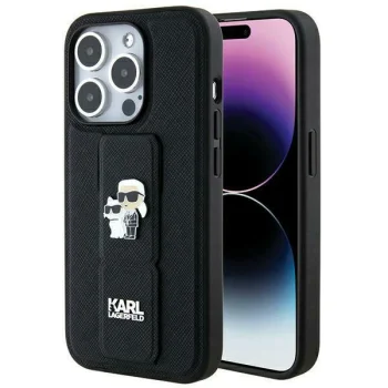 Karl Lagerfeld dėklas iPhone 14 Pro su Gripstand Saffiano Karl&Choupette, juodas