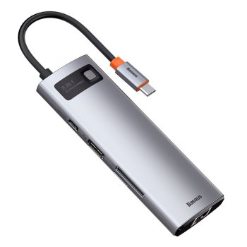 Baseus Metal Gleam 8in1 USB-C šakotuvas (100W PD, HDMI 4K, RJ45, SD), pilkas