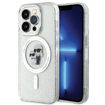 Karl Lagerfeld dėklas iPhone 15 Pro telefonui Karl&Choupette Glitter MagSafe, skaidrus