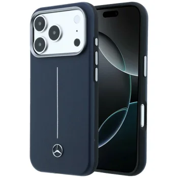 Mercedes Leather Semi Wrap Iconic Line MagSafe dėklas, skirtas iPhone 17 Pro Max, tamsiai mėlynas