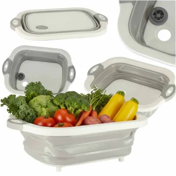 Collapsible Silicone Bowl / Cutting Board / Sink 4in1 5.5L, White/Grey