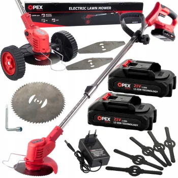 Akumuliatorinis žolės trimeris OPEX TOOLS OPX28025, 21V, 2x 1.5 Ah, su ratukais, raudonas / juodas