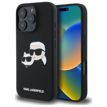 Karl Lagerfeld dėklas iPhone 16 Pro Max, Silicone Heads Print MagSafe, juodas