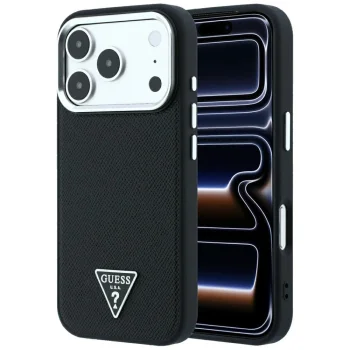 Dėklas Guess Grained Triangle Logo MagSafe telefonui iPhone 17 Pro / 18 Pro, juodas