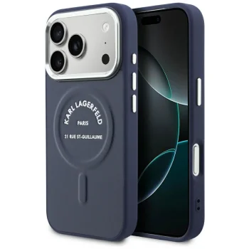 Karl Lagerfeld Embossed Open Ring RSG MagSafe dėklas iPhone 18 Pro / 17 Pro, mėlynas