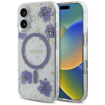 Guess Resin Flowers Glitter MagSafe dėklas telefonui iPhone 16, violetinis