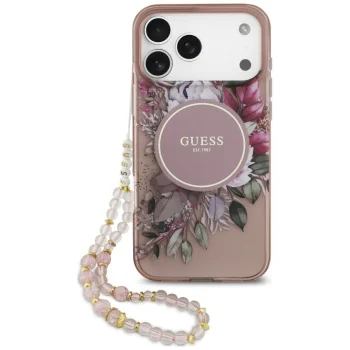 Guess IML Flowers Pearl Strap MagSafe case for iPhone 18 Pro Max / 17 Pro Max, pink