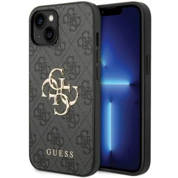 Guess 4G Metal Logo dėklas, skirtas Apple iPhone 15, pilkas