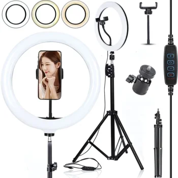 LED žiedinė lempa su telefono laikikliu ir 100cm stovu
