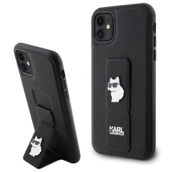 Karl Lagerfeld dėklas iPhone 11 / XR su rankena Gripstand Saffiano Choupette, juodas