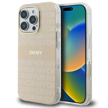 DKNY Repeat Texture Pattern & Stripe MagSafe dėklas iPhone 16 Pro, rožinis