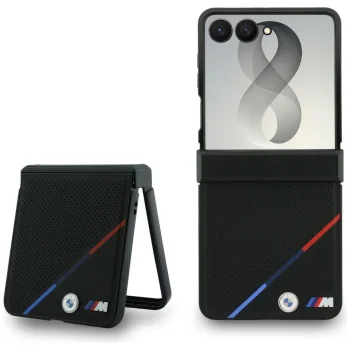 BMW M Leather Perforated Tricolor MagSafe dėklas Samsung Galaxy Z Flip 8, juodas