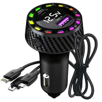 Automobilinis įkroviklis USB-C 15W + USB-A 15W su 3-in-1 laidu, juodas