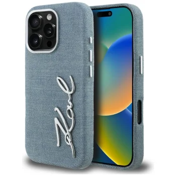 Karl Lagerfeld Signature Denim dėklas, skirtas iPhone 16 Pro Max, mėlynas