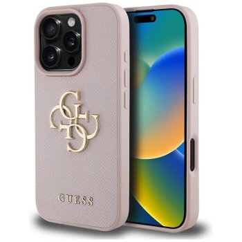 Guess Grained Big 4G Logo dėklas, skirtas iPhone 16 Pro, rožinis