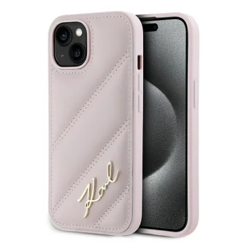 Karl Lagerfeld dėklas iPhone 14 / 15 / 13 Diagonal Quilted Script, rožinis