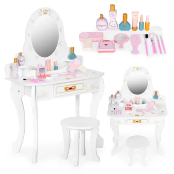 ECOTOYS Kids Wooden Vanity Dressing Table with Mirror and Stool, Pink