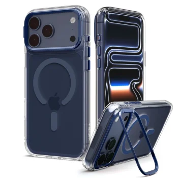 Spigen Ultra Hybrid Optik S MagSafe case for iPhone 18 Pro / 17 Pro, clear and navy