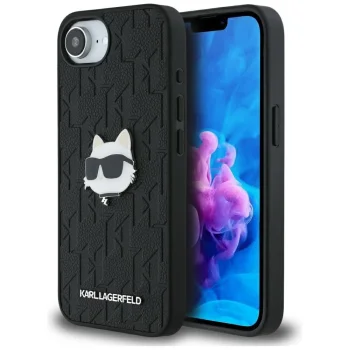 Karl Lagerfeld Monogram Choupette Head Pin iPhone 16e dėklas, juodas