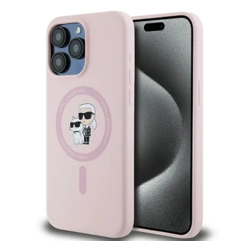 Karl Lagerfeld dėklas iPhone 15 Pro Max telefonui Silicone Karl & Choupette MagSafe, rožinis