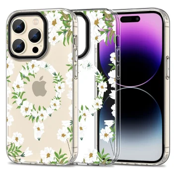 Apple iPhone 15 Pro Max 6.7'' Tech-Protect MagMood MagSafe Case Cover, White Daisies