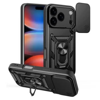 Hybrid Armor Camshield Case for iPhone 17 Pro Max with Stand & Camera Cover, Black