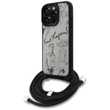 Karl Lagerfeld dėklas iPhone 16 Pro Max su dirželiu Crossbody, pilkas