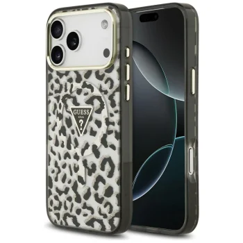 Guess IML Leopard Glitter Triangle MagSafe dėklas iPhone 17/18 Pro Max, juodas