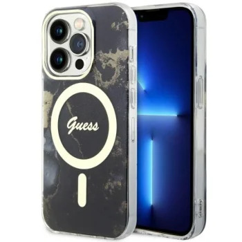 Guess dėklas iPhone 14 Pro Max telefonui Golden Marble MagSafe, juodas