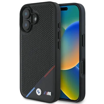 BMW M Perforated Tricolor Line MagSafe dėklas iPhone 16 Plus, juodas