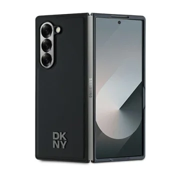 DKNY Plain Leather Metal Stack Logo MagSafe dėklas telefonui Samsung Galaxy Z Fold 6, juodas