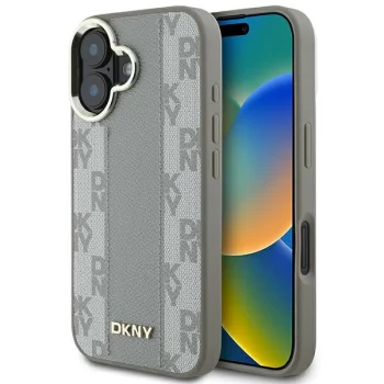 DKNY Leather Checkered Mono Pattern MagSafe dėklas iPhone 16 telefonui, smėlio spalvos
