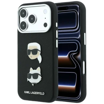 Karl Lagerfeld Saffiano dėklas telefonui iPhone 18 Pro / 17 Pro, Karl & Choupette, juodas