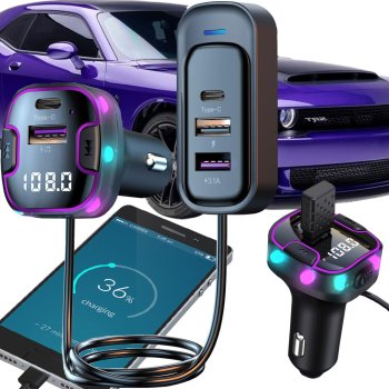 Automobilinis Bluetooth FM moduliatorius 12-24V su USB ir USB-C įkrovikliu