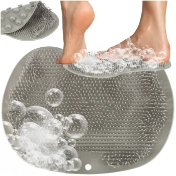Silicone back and foot washing brush with suction cups, massage mat, grey