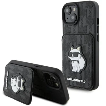 „Karl Lagerfeld Saffiano Cardslot & Stand Choupette“ dėklas, skirtas iPhone 15, juodas