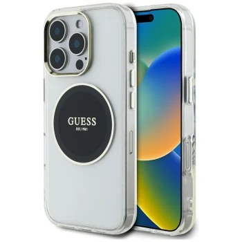 Guess IML Metal Colored Circle Classic Logo MagSafe Case for iPhone 16 Pro, Black